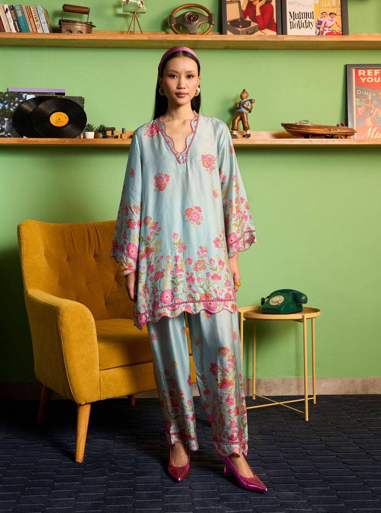 Nriti Cupro Satin Printed Blue Co-ord set