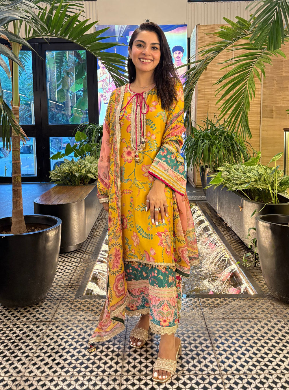 Lari Pima Satin Printed Navy Kurta Set