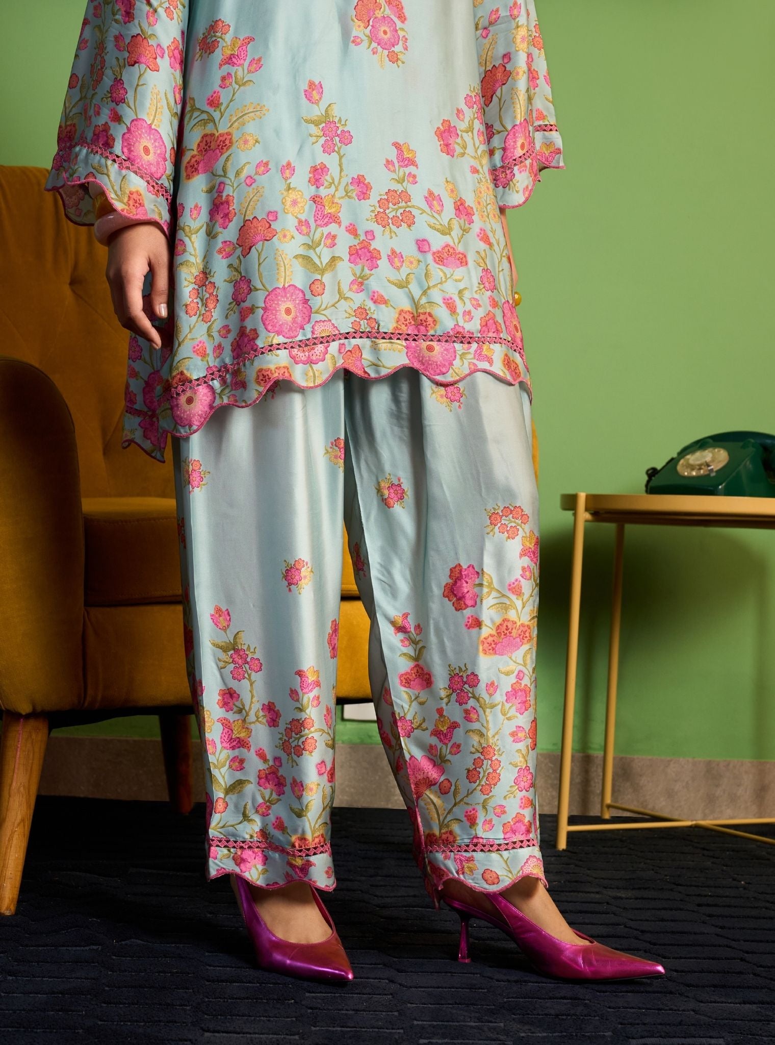 Nriti Cupro Satin Printed Blue Co-ord set