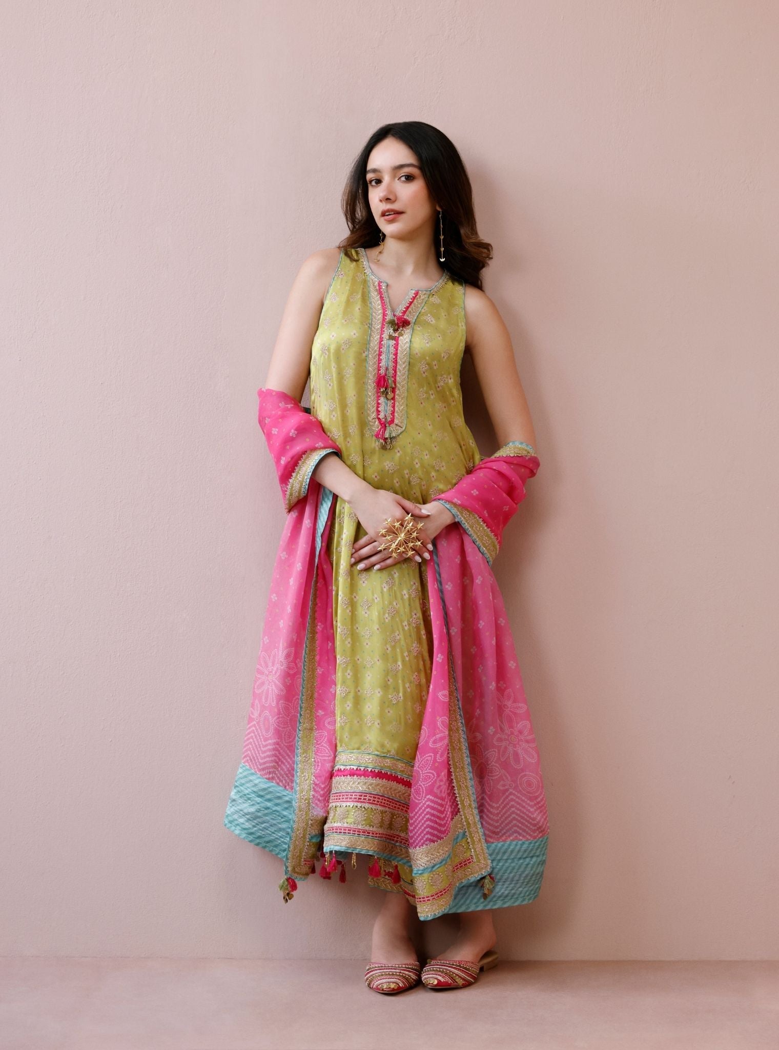 Lavya Cupro Satin Printed Lime Kurta Set
