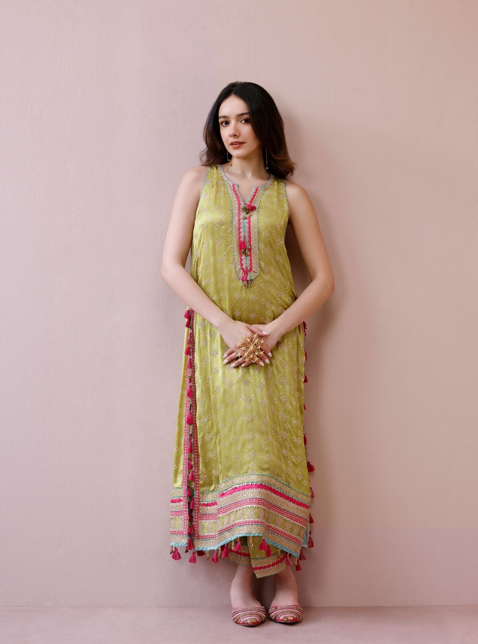 Lavya Cupro Satin Printed Lime Kurta Set