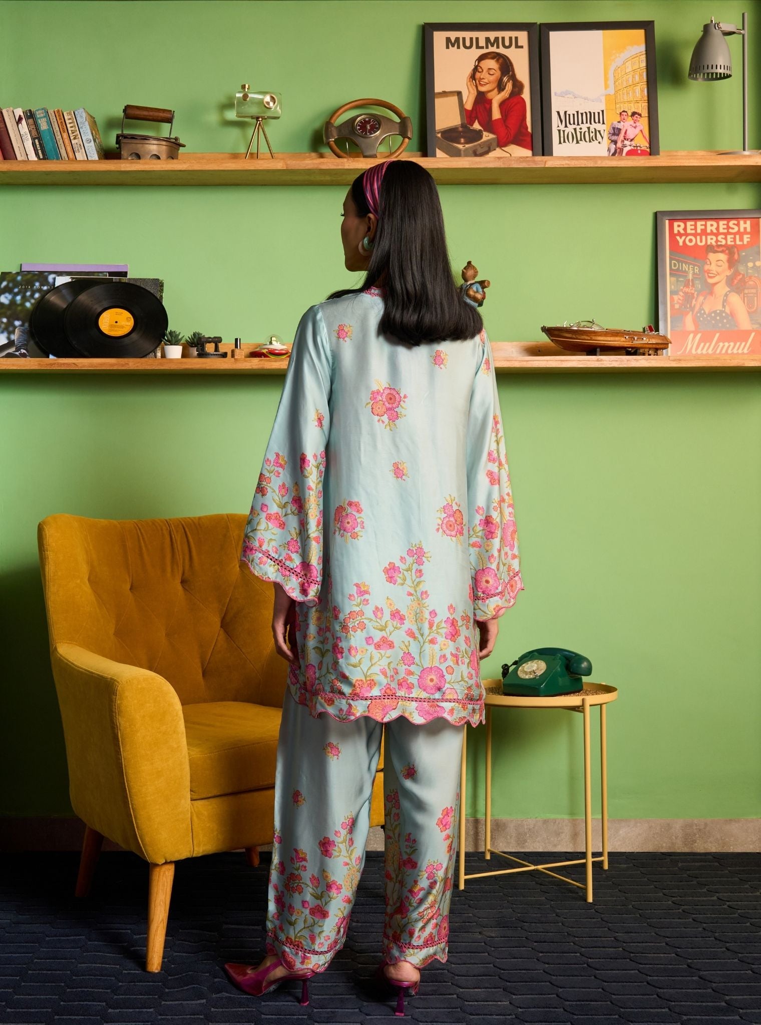 Nriti Cupro Satin Printed Blue Co-ord set