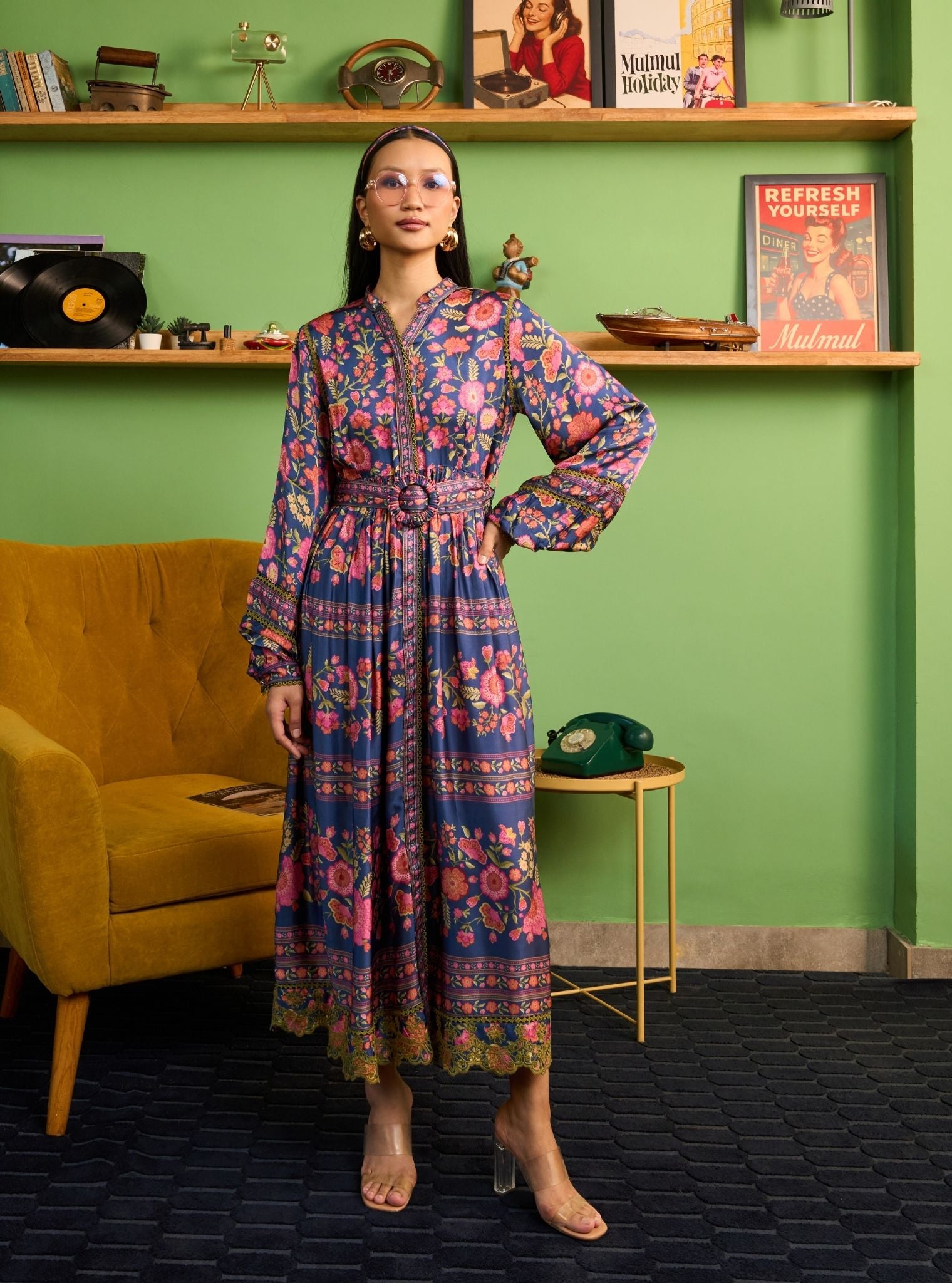 Khas Cupro Satin Navy Printed Dress