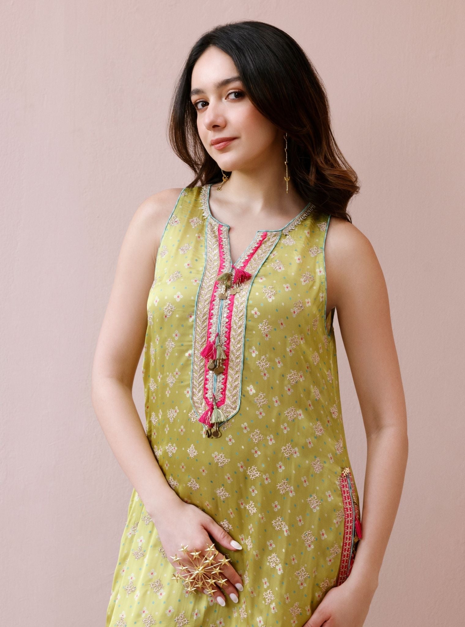 Lavya Cupro Satin Printed Lime Kurta Set