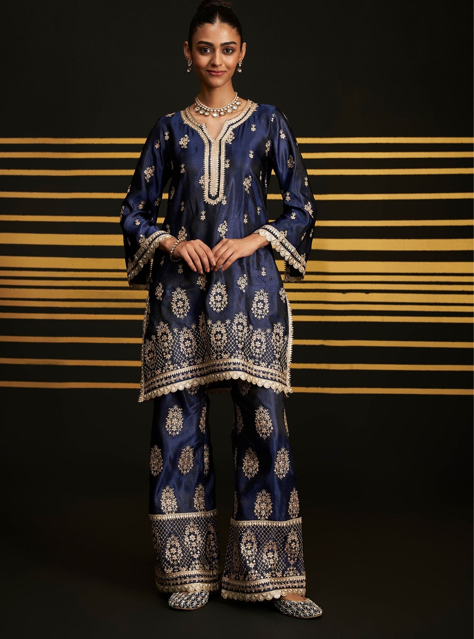 Vaari Tissue Linen Satin Navy Kurta