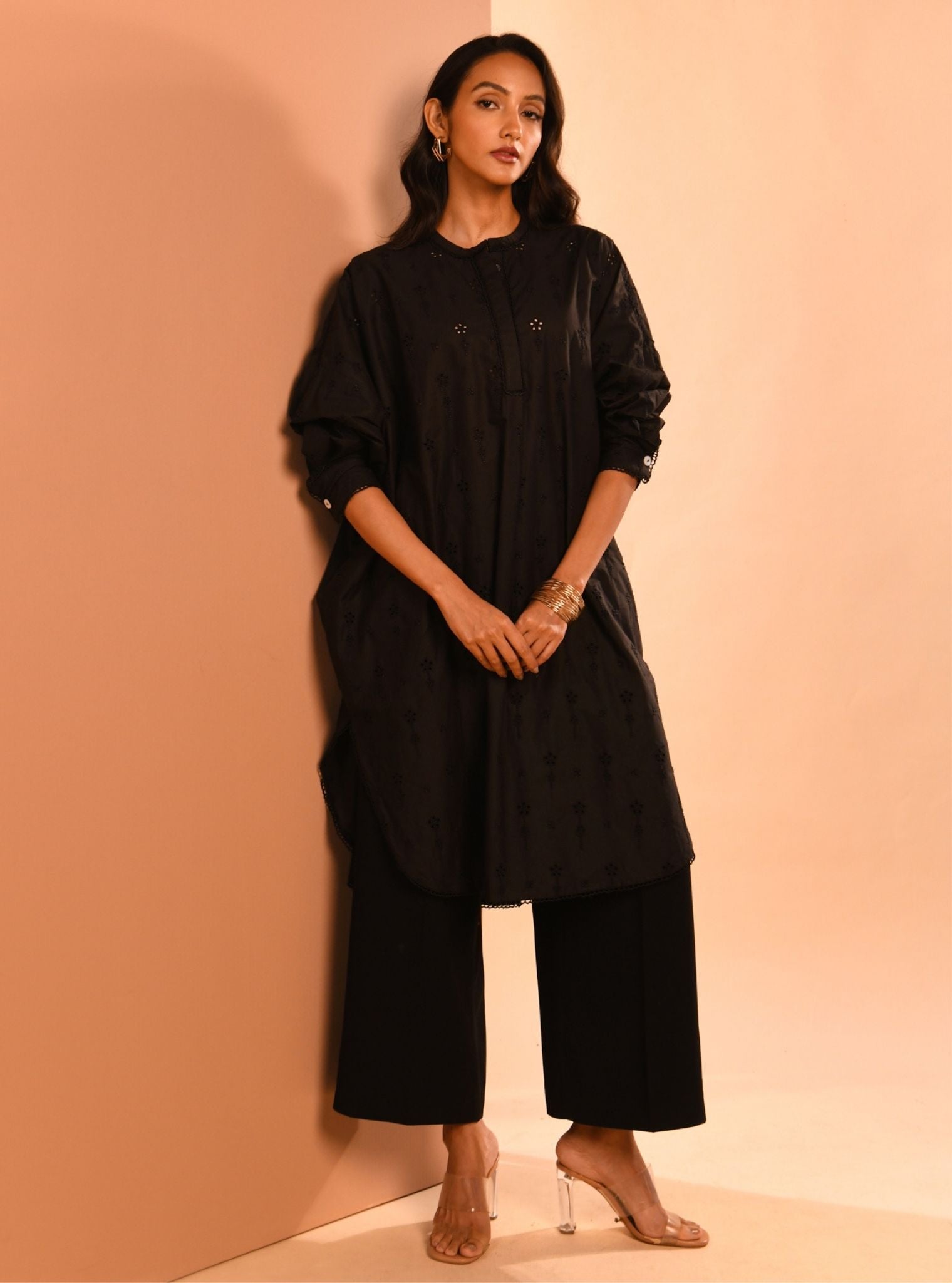 Mulmul Cotton Oriana Black Kurta With Mulmul Cotton Oriana Black Pant