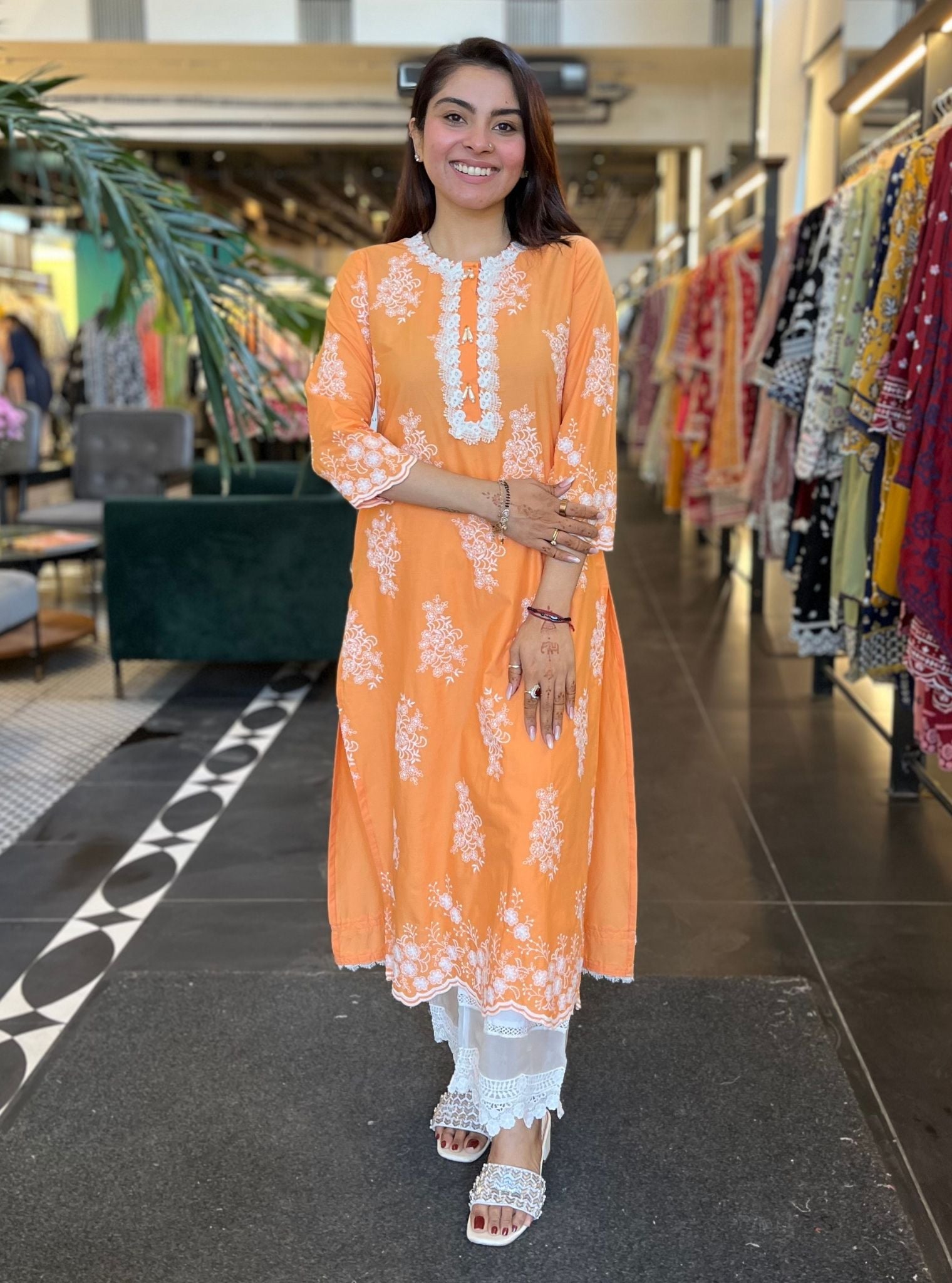 Mulmul Cotton Perla Orange Kurta With Diagonal Lace White Pant