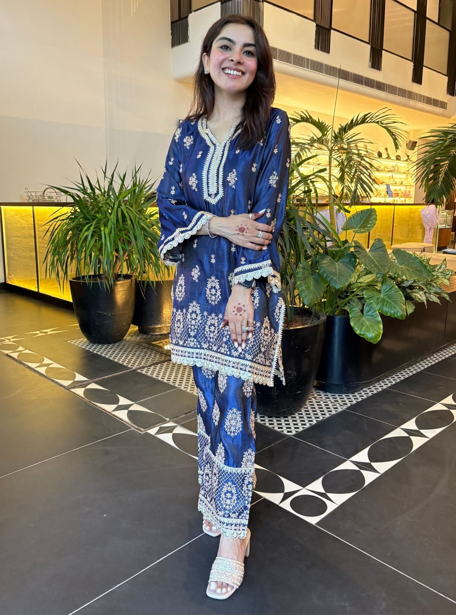 Vaari Luxe Tissue Satin Navy Kurta Set