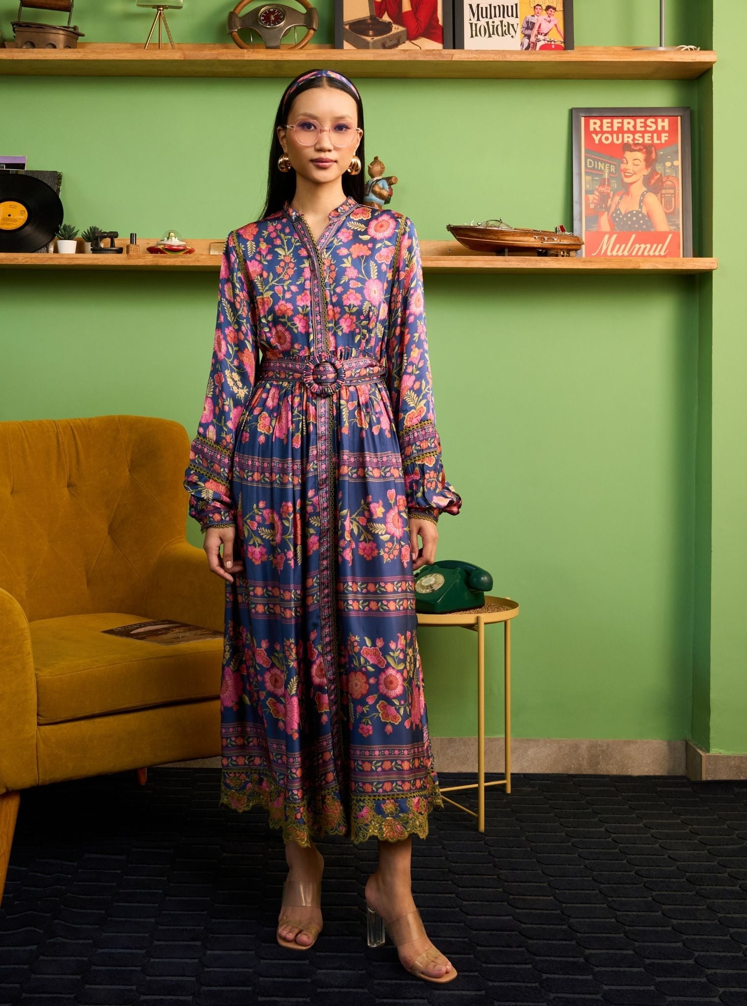 Khas Cupro Satin Navy Printed Dress