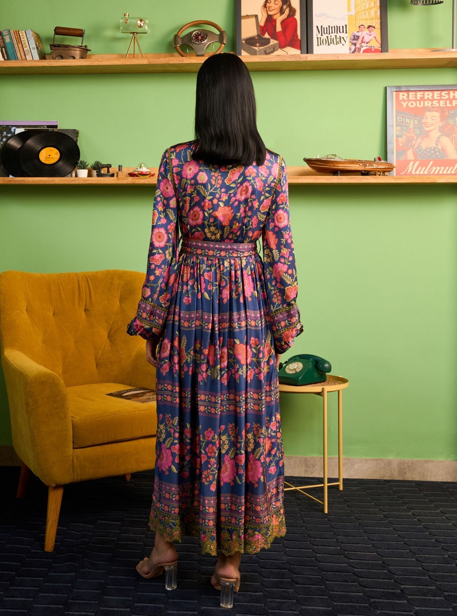 Khas Cupro Satin Navy Printed Dress