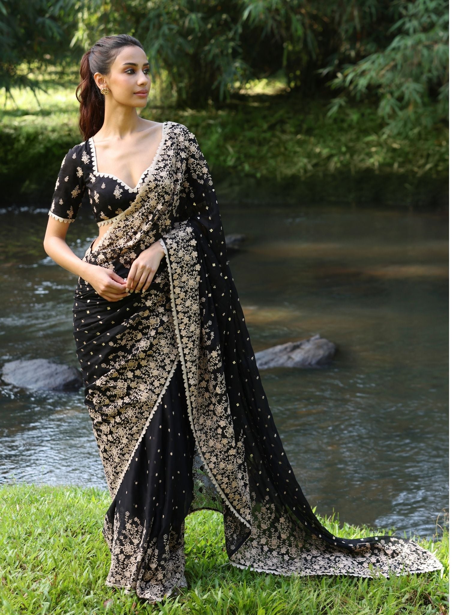 Mulmul Organza Leela Black Saree