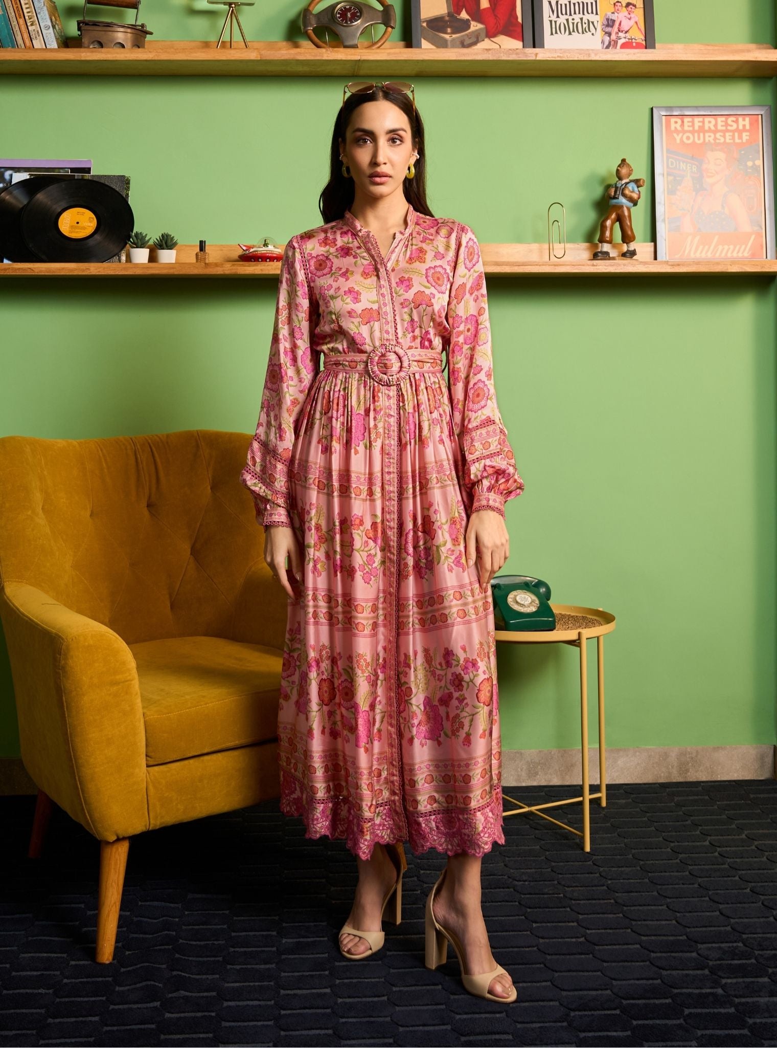 Khas Cupro Satin Pink Printed Dress