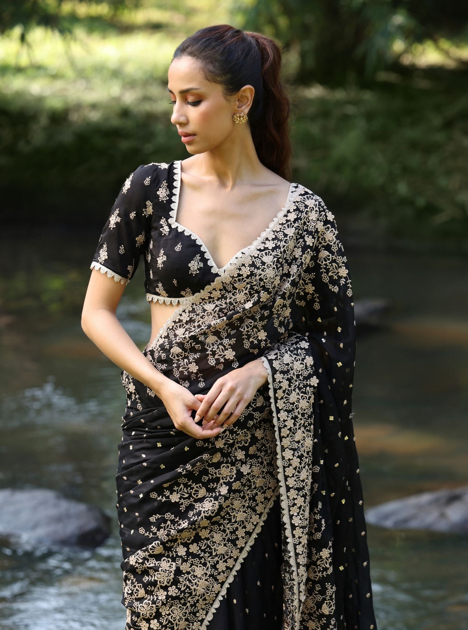 Mulmul Organza Leela Black Saree