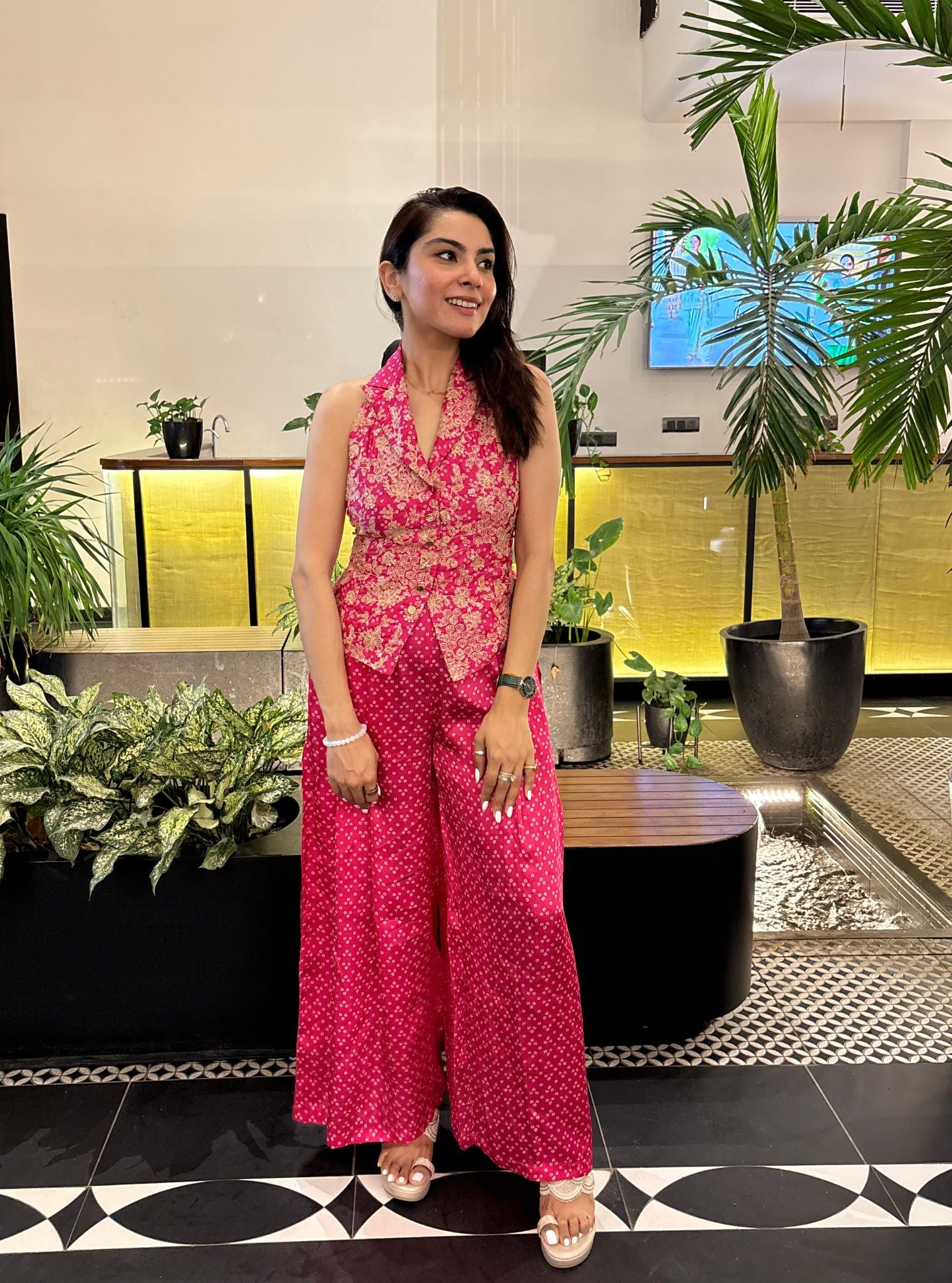 Kuhu Cupro Satin Printed Fuchsia Waistcoat with Wide Pleated Pants