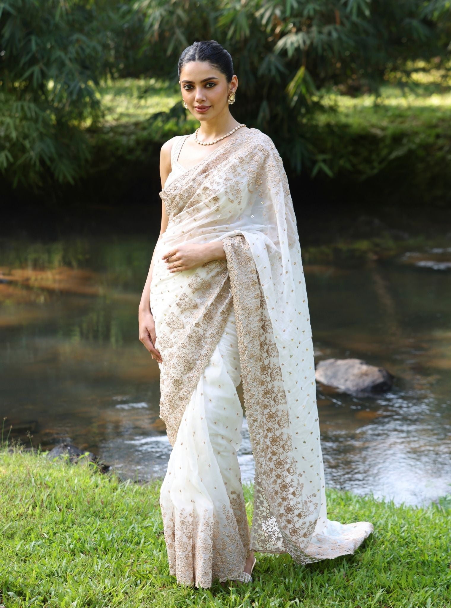 Mulmul Organza Leela White Saree