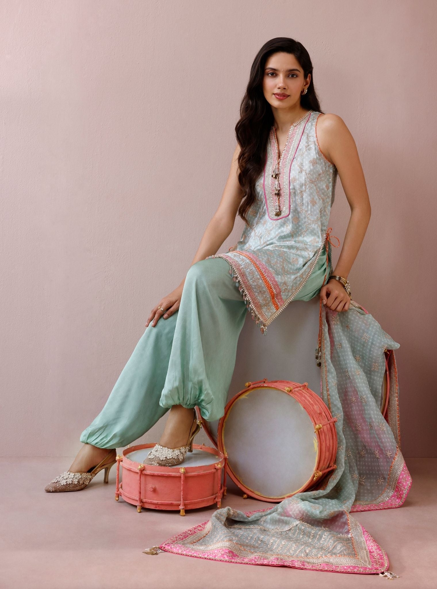 Zeya Cupro Satin Printed Sage Green Kurta Set