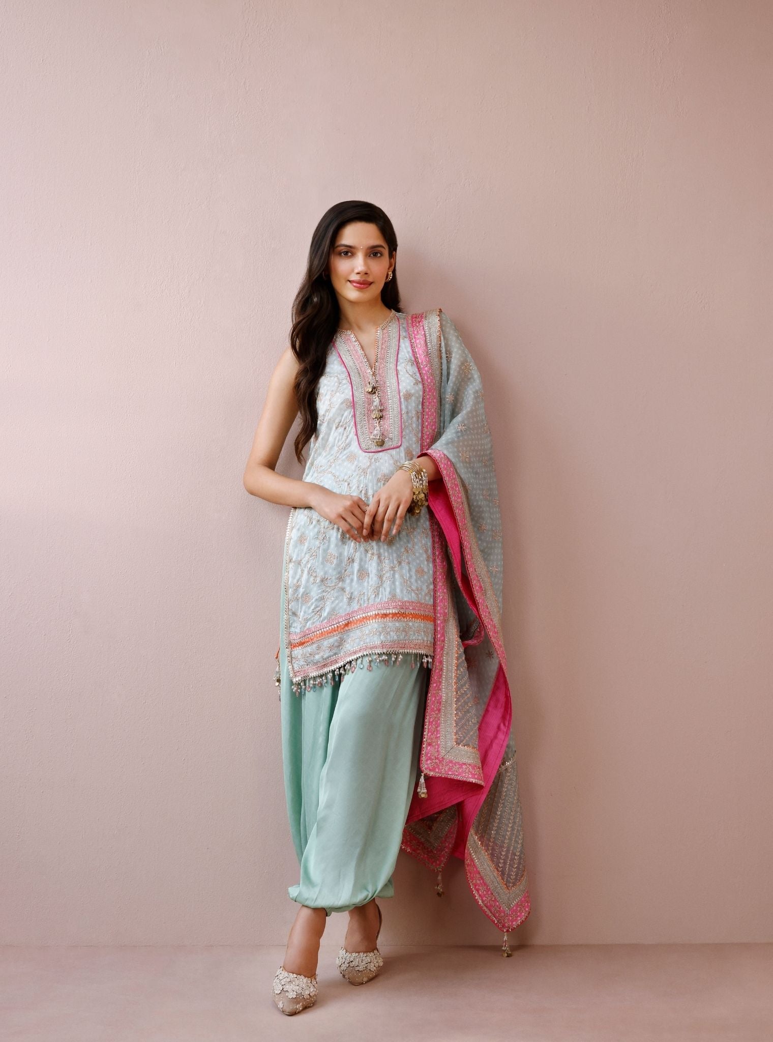 Zeya Cupro Satin Printed Sage Green Kurta Set