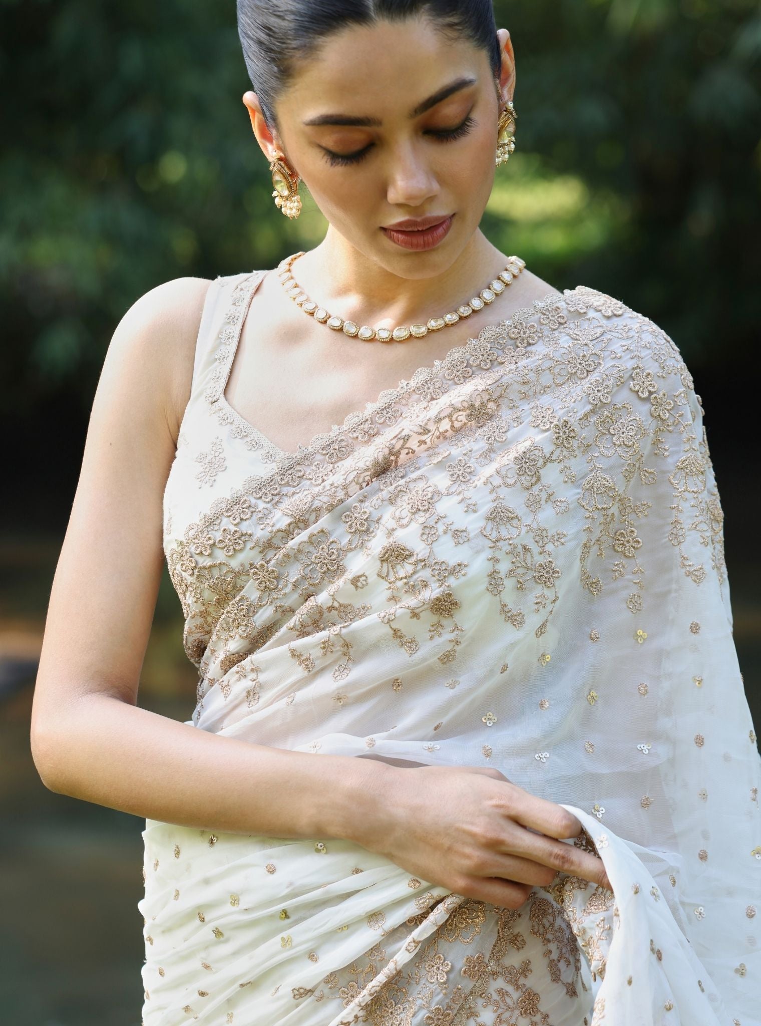 Mulmul Organza Leela White Saree