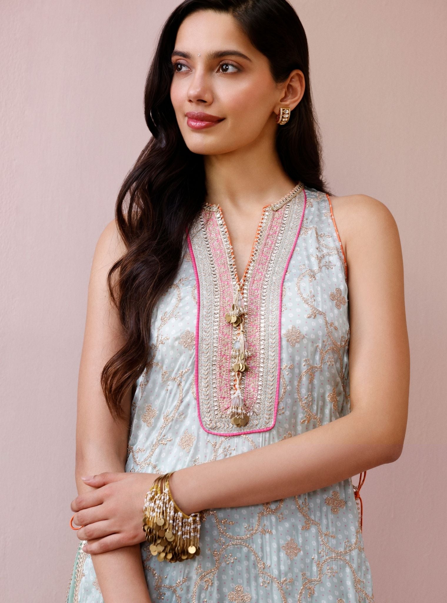 Zeya Cupro Satin Printed Sage Green Kurta Set