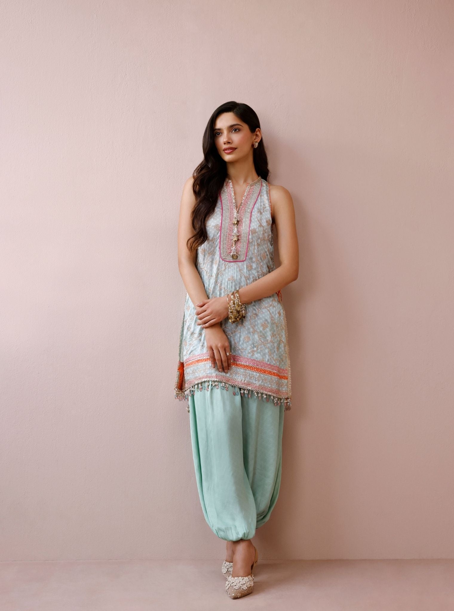 Zeya Cupro Satin Printed Sage Green Kurta Set