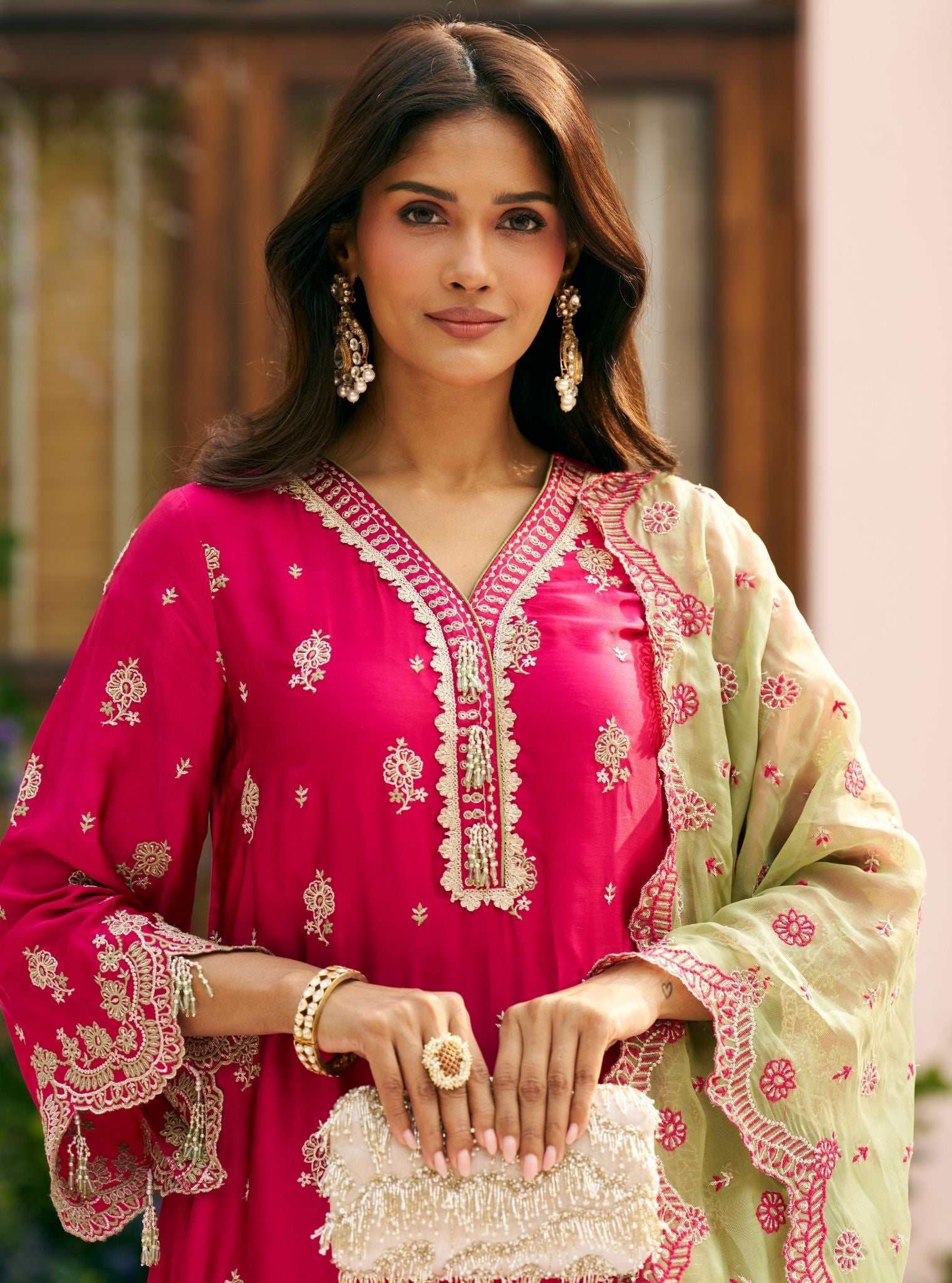 Phulkari Cupro Satin Rani Pink Kurta Set