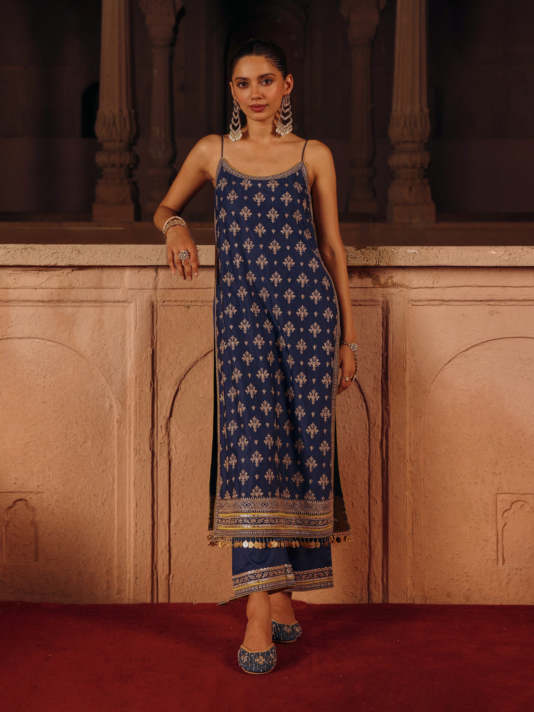 Tori Pima Satin Navy Strappy Long Kurta Set
