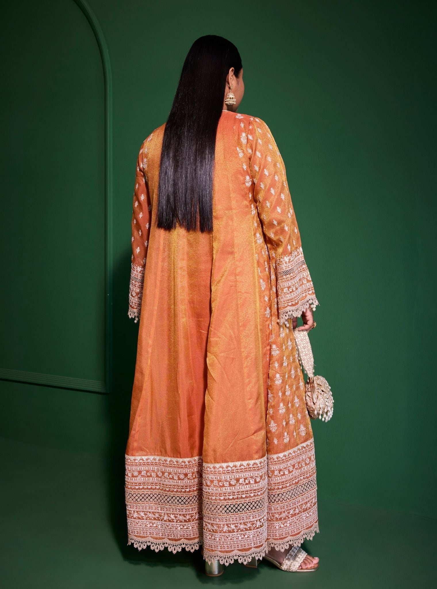 Mulmul Luxe Organza Jalwa Orange Anarkali Kurta With Mulmul Luxe Organza Jalwa Orange Pant