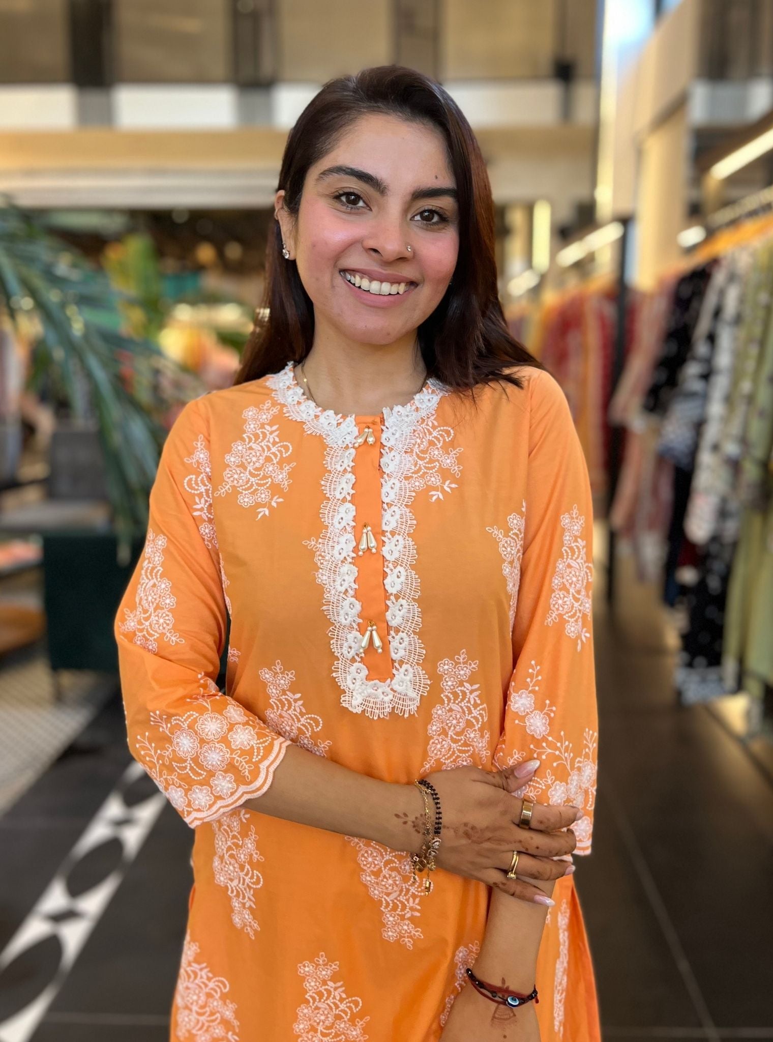 Mulmul Cotton Perla Orange Kurta With Diagonal Lace White Pant