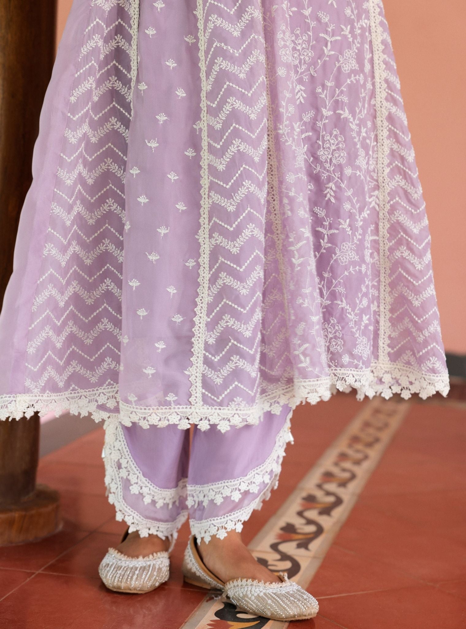 Mulmul Organza Keerth Lavender Anarkali Kurta With Mulmul Cotton Keerth Lavender Pant