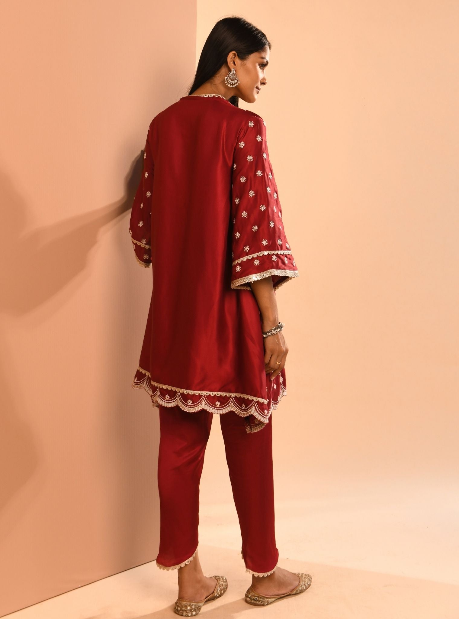 Mulmul Cupro Amara Wine Kurta With Mulmul Cupro Amara Wine Dhoti Pant