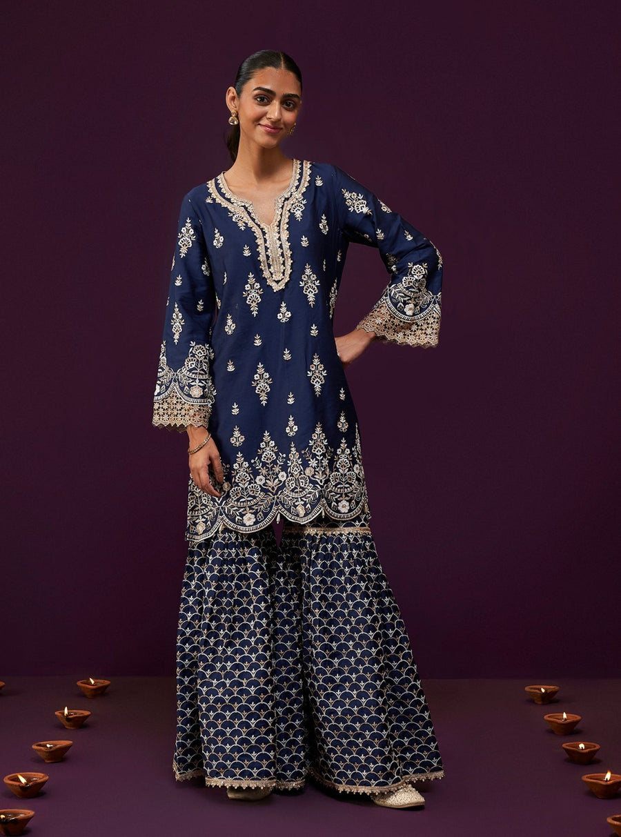 Mulmul Pima Satin Neo Denim Kurta With Mulmul Supima Cotton Neo White Pyajama