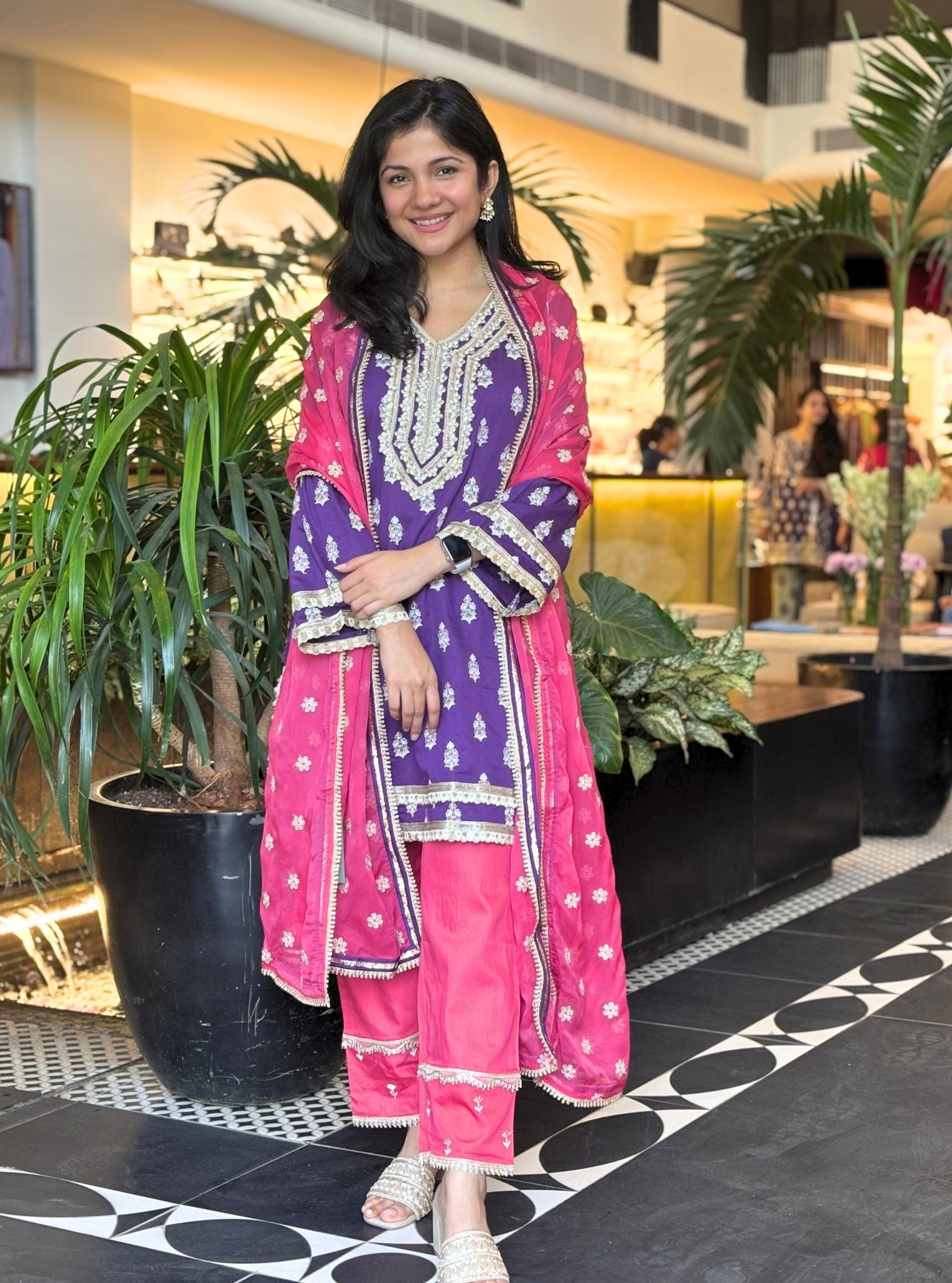 Mulmul Pima Sama Purple Kurta with Kaveri Fuchsia Pant