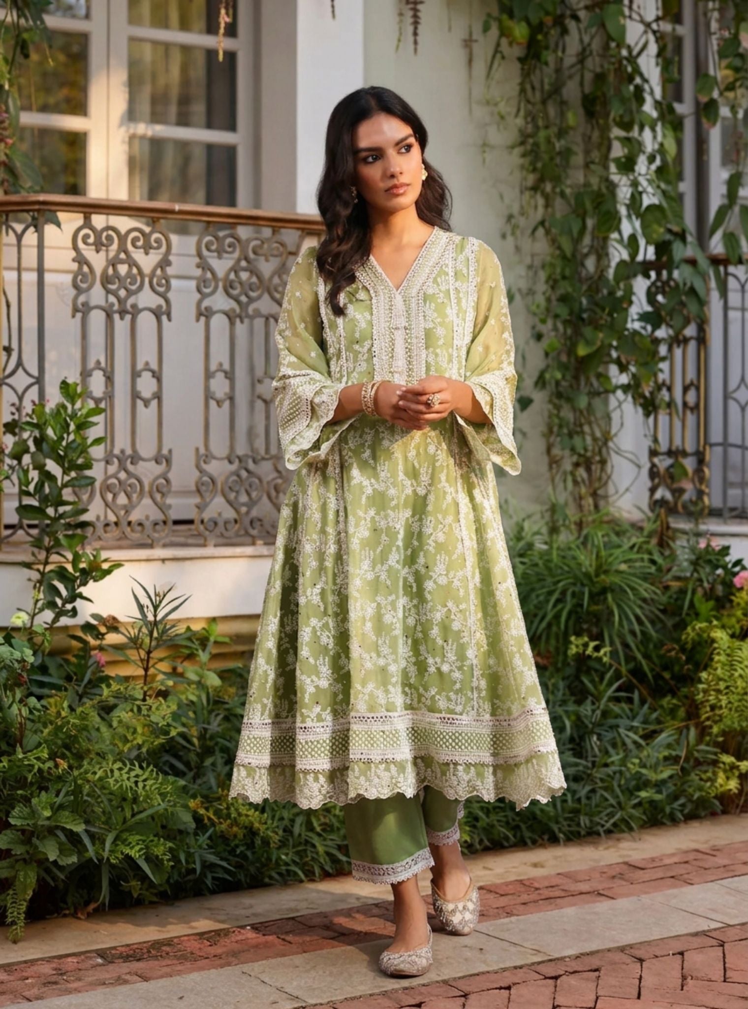 Rupa Organza Pista Green Anarkali Kurta with Pima Satin Pista Green Pant Set