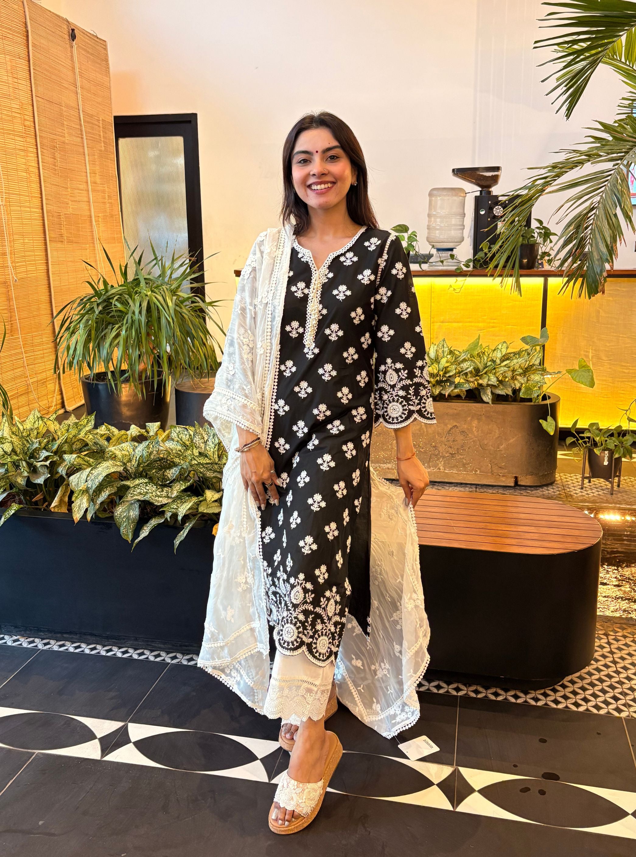Arpora Cotton Black Kurta With Floral Organza White Pyjama