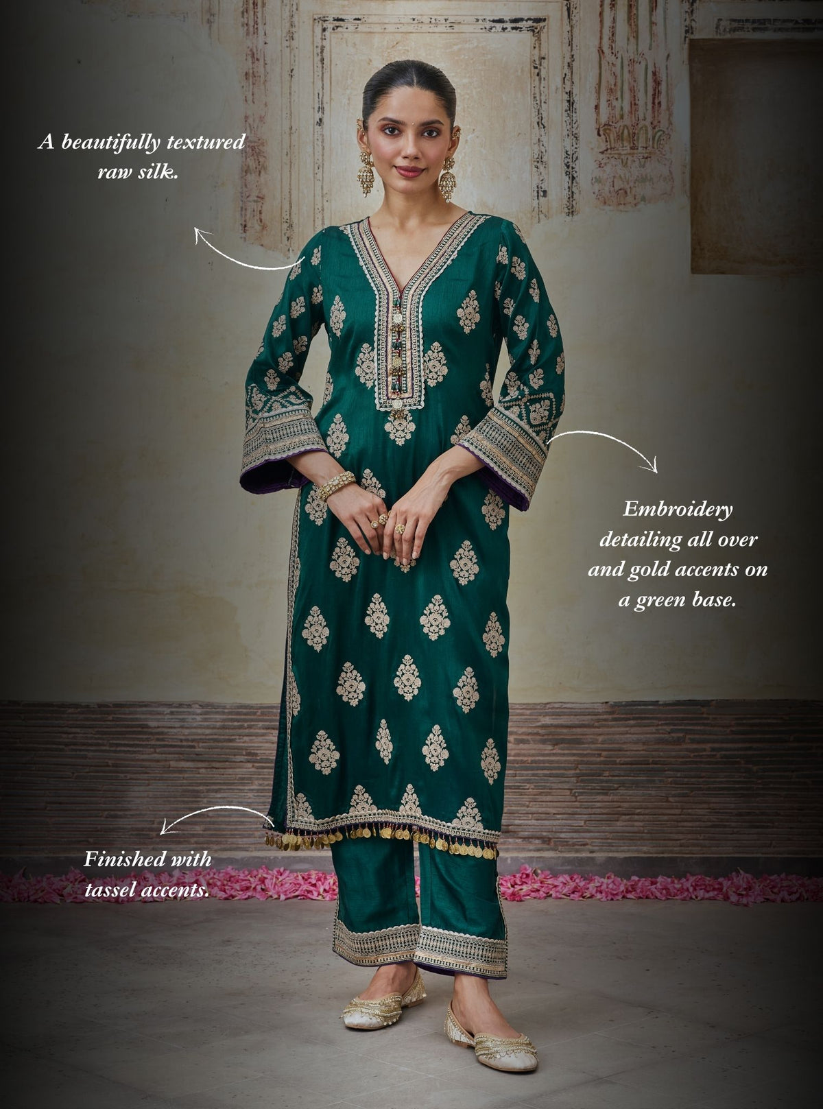 Bairi Bemberg Raw Silk Emerald Green Kurta Set