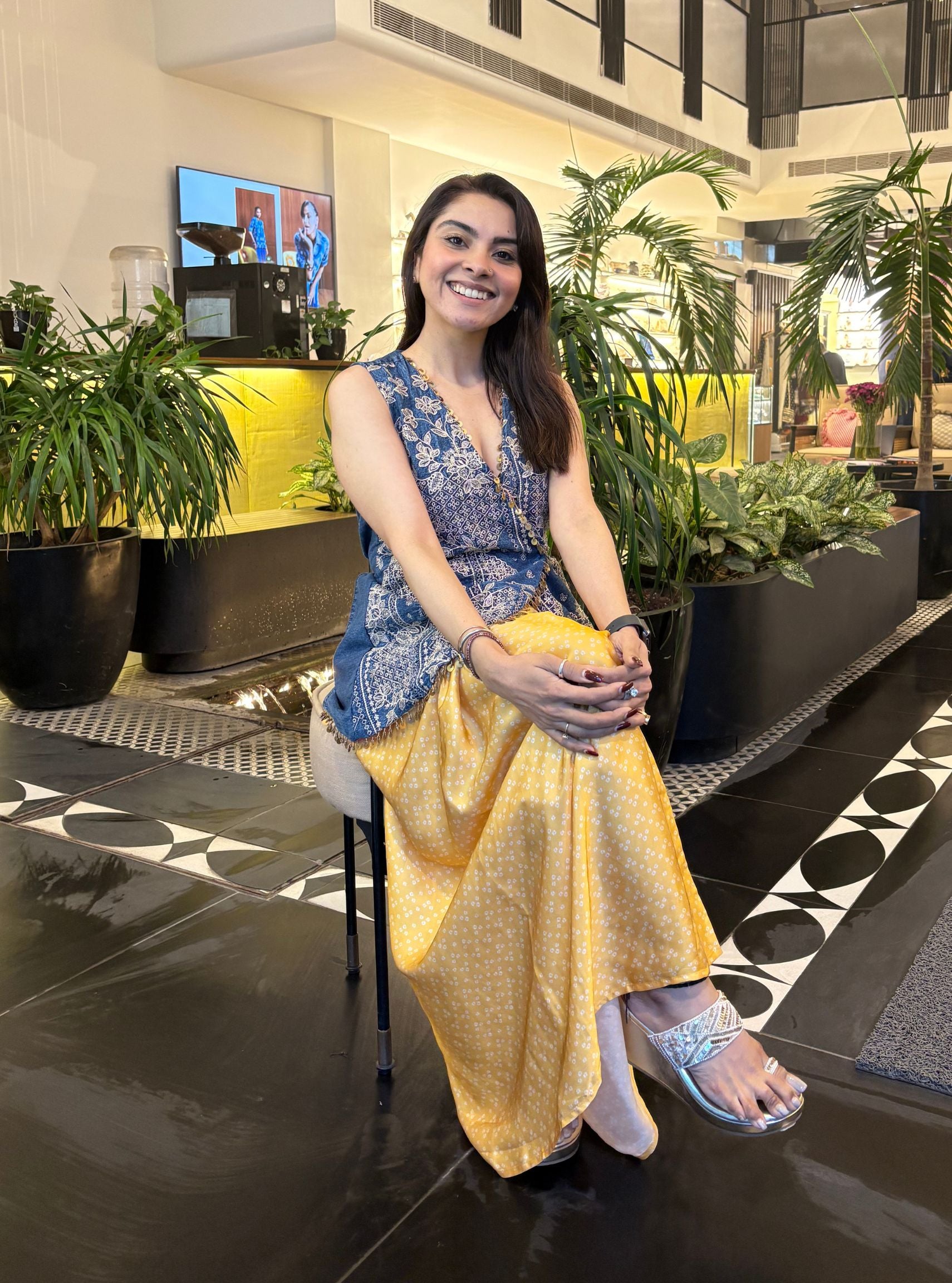 Lunira Denim Waistcoat With Cupro Satin Printed Mustard Draped Skirt