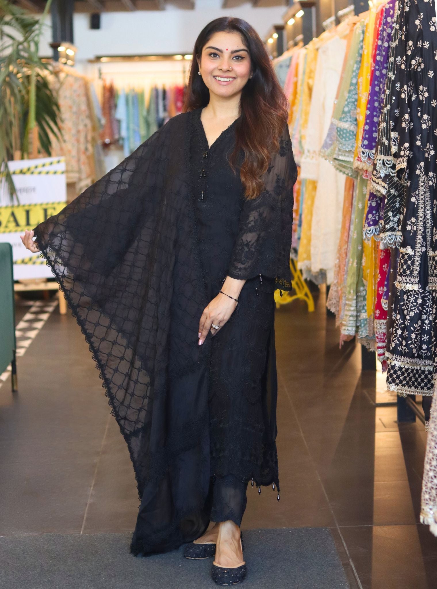 Mulmul Organza Ivati Black Kurta with Mulmul Pima Ivati Black Pant