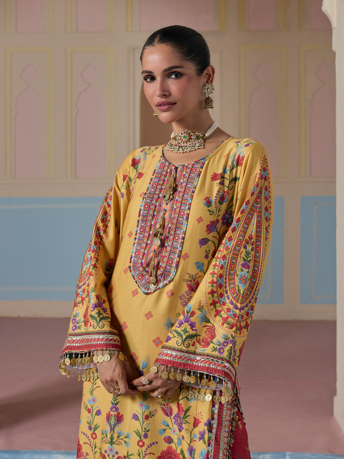 Sangi Pima Satin Printed Mustard Long Kurta Set