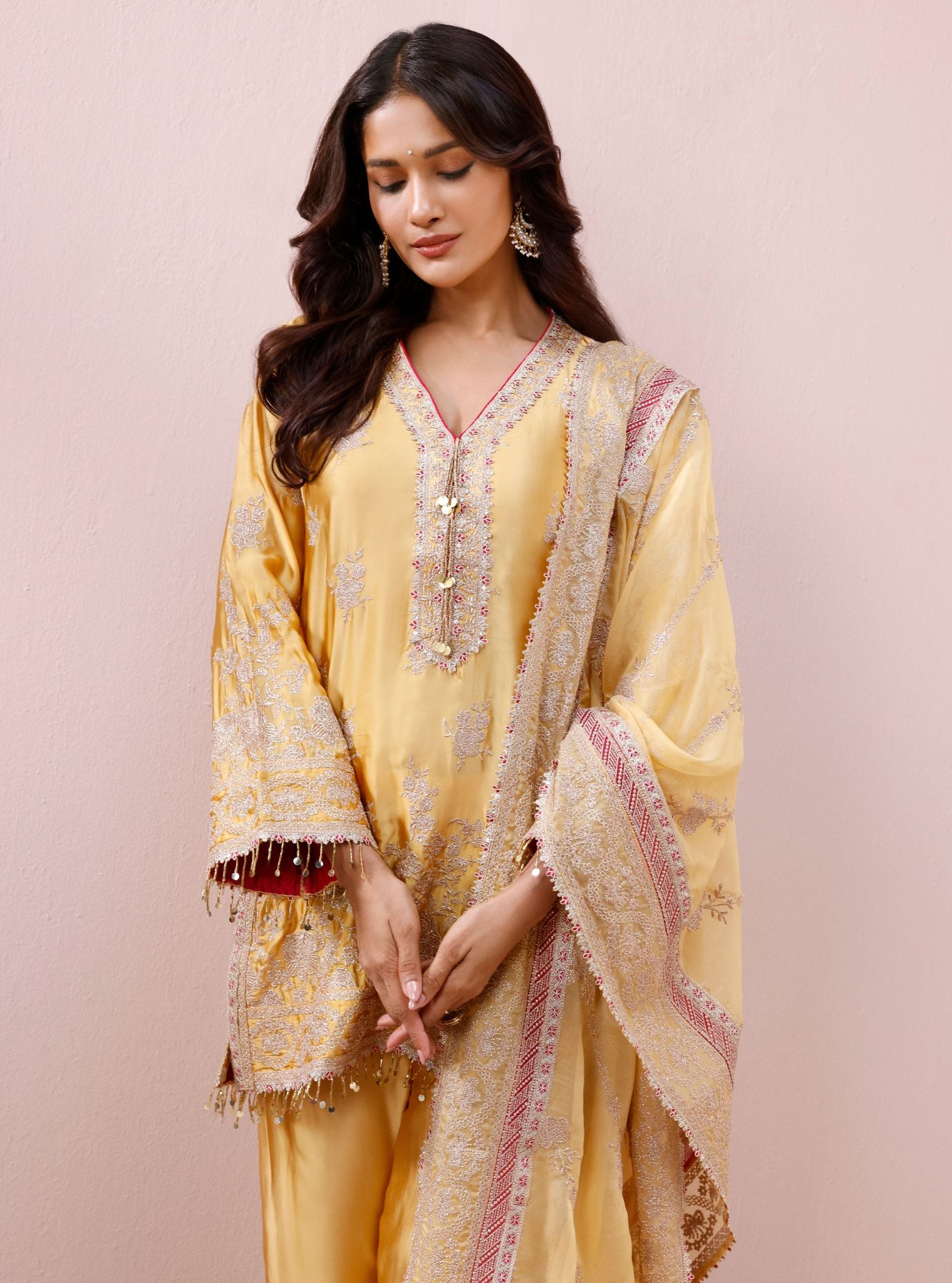 Saaj Cupro Satin Yellow Kurta Set