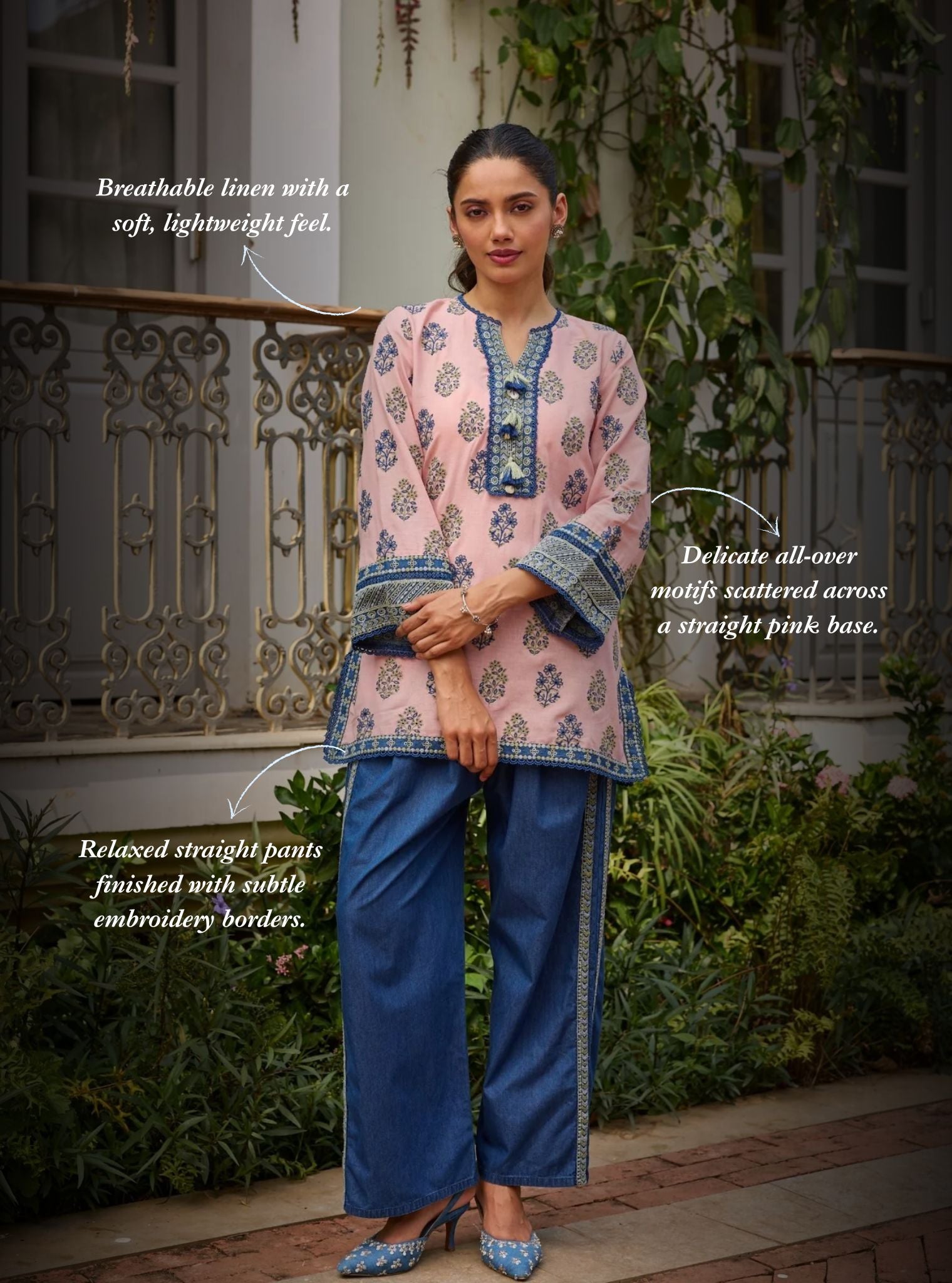 Rano Linen Pink Short Kurta Set