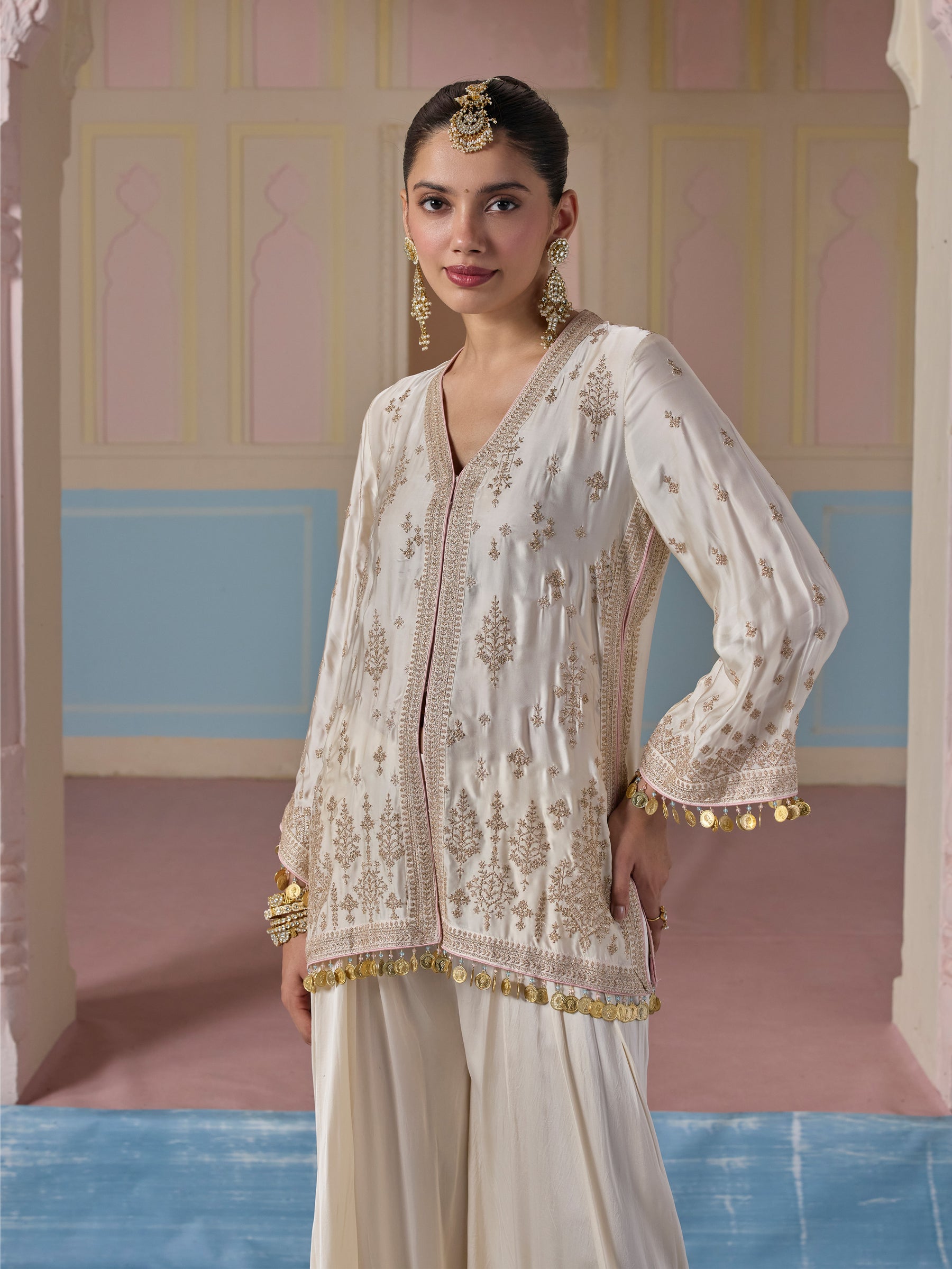 Laado Cupro Satin Off White Jacket with Draped Pants