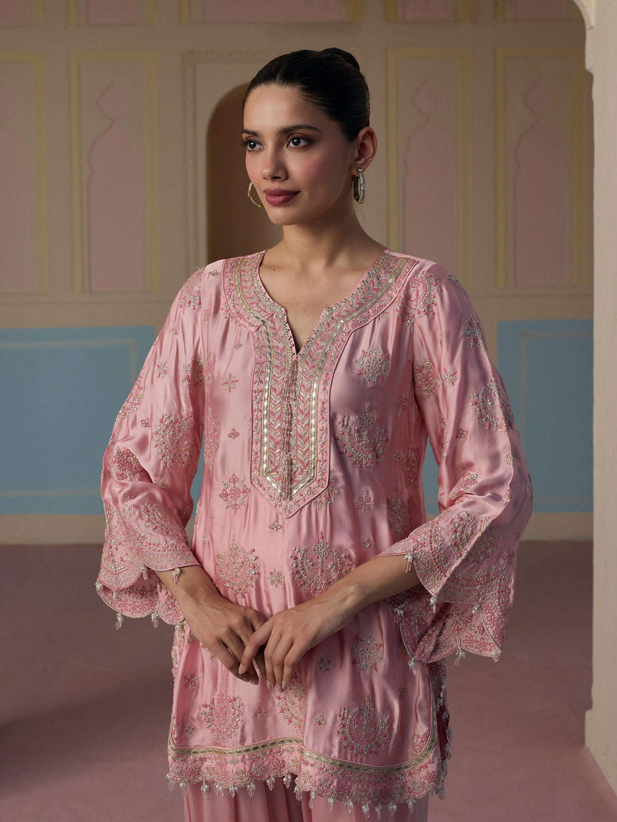 Jori Cupro Satin Pink Kurta With Farshi Salwar