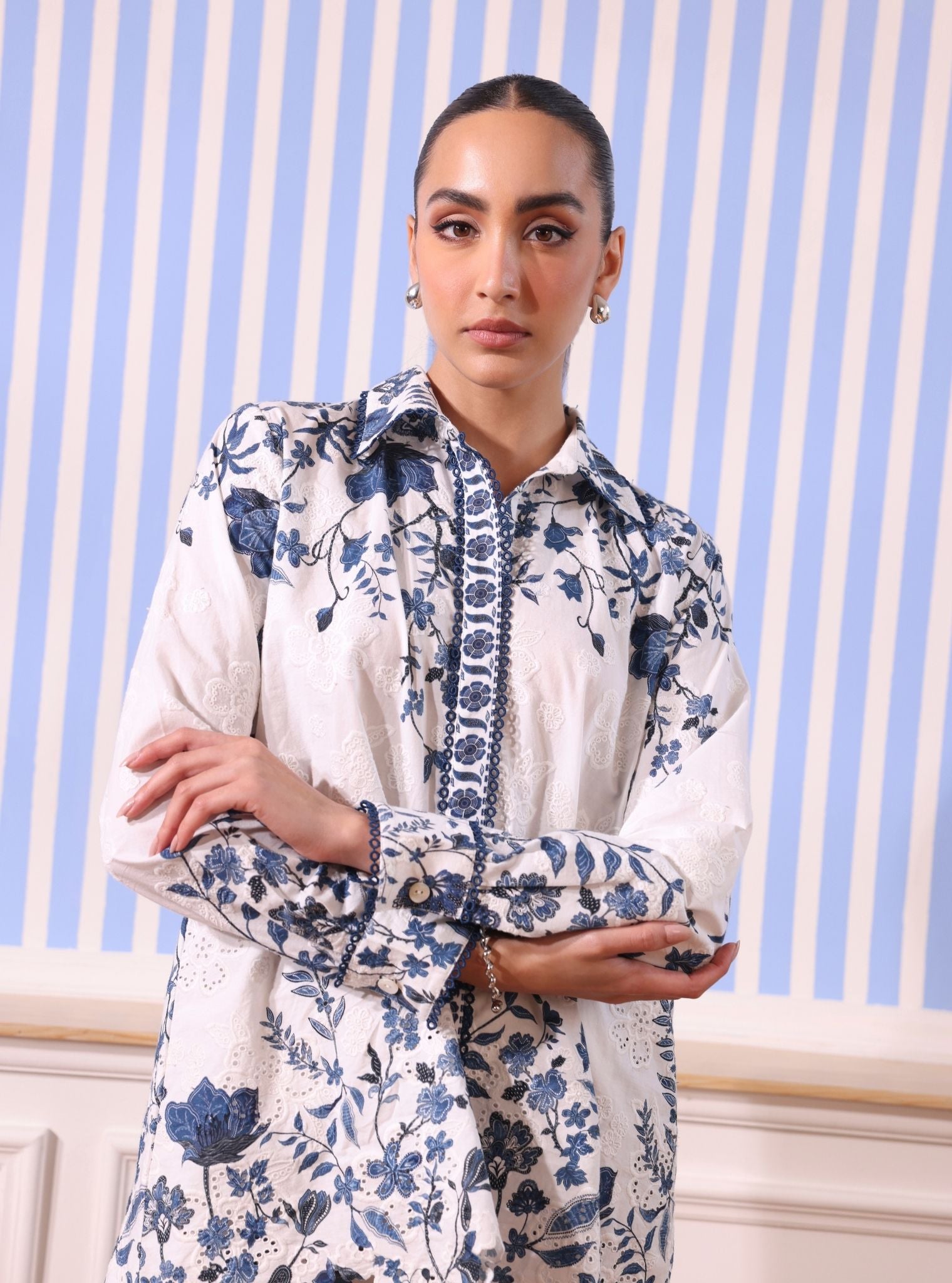 Ujjvala Supima Cotton White/Blue Co-ord Set