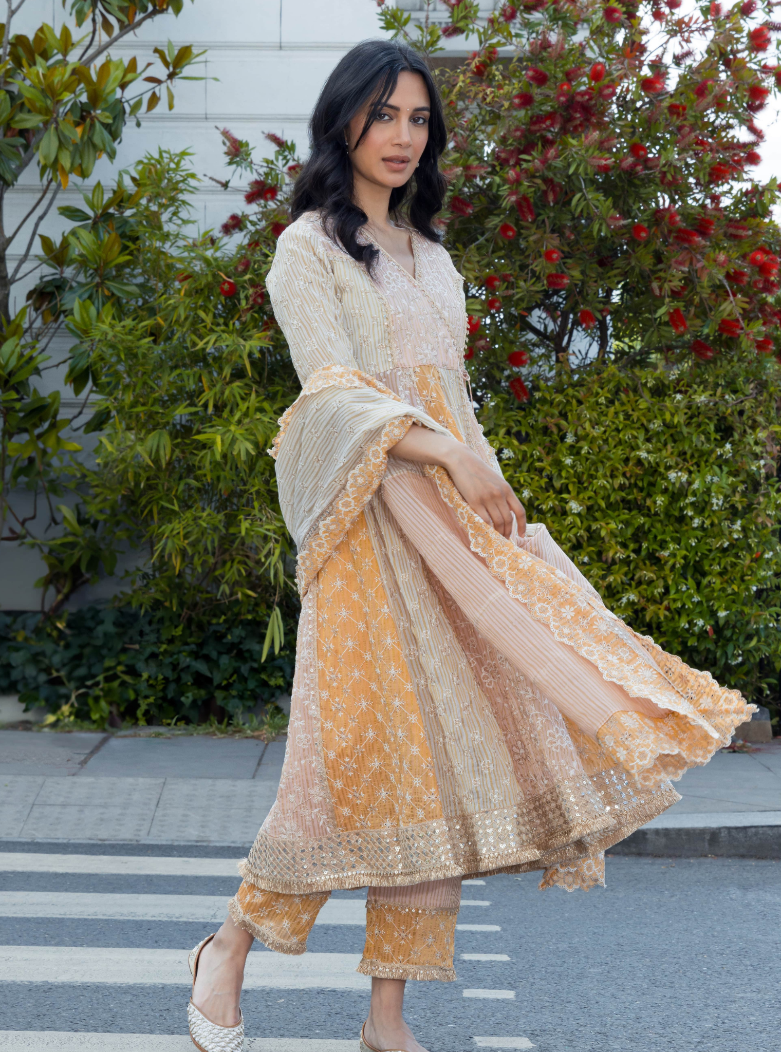 Buy Off White Pink Aari Embroidered Cotton Anarkali Suit- Set of 3 |  SB00109SET/SHAB11 | The loom