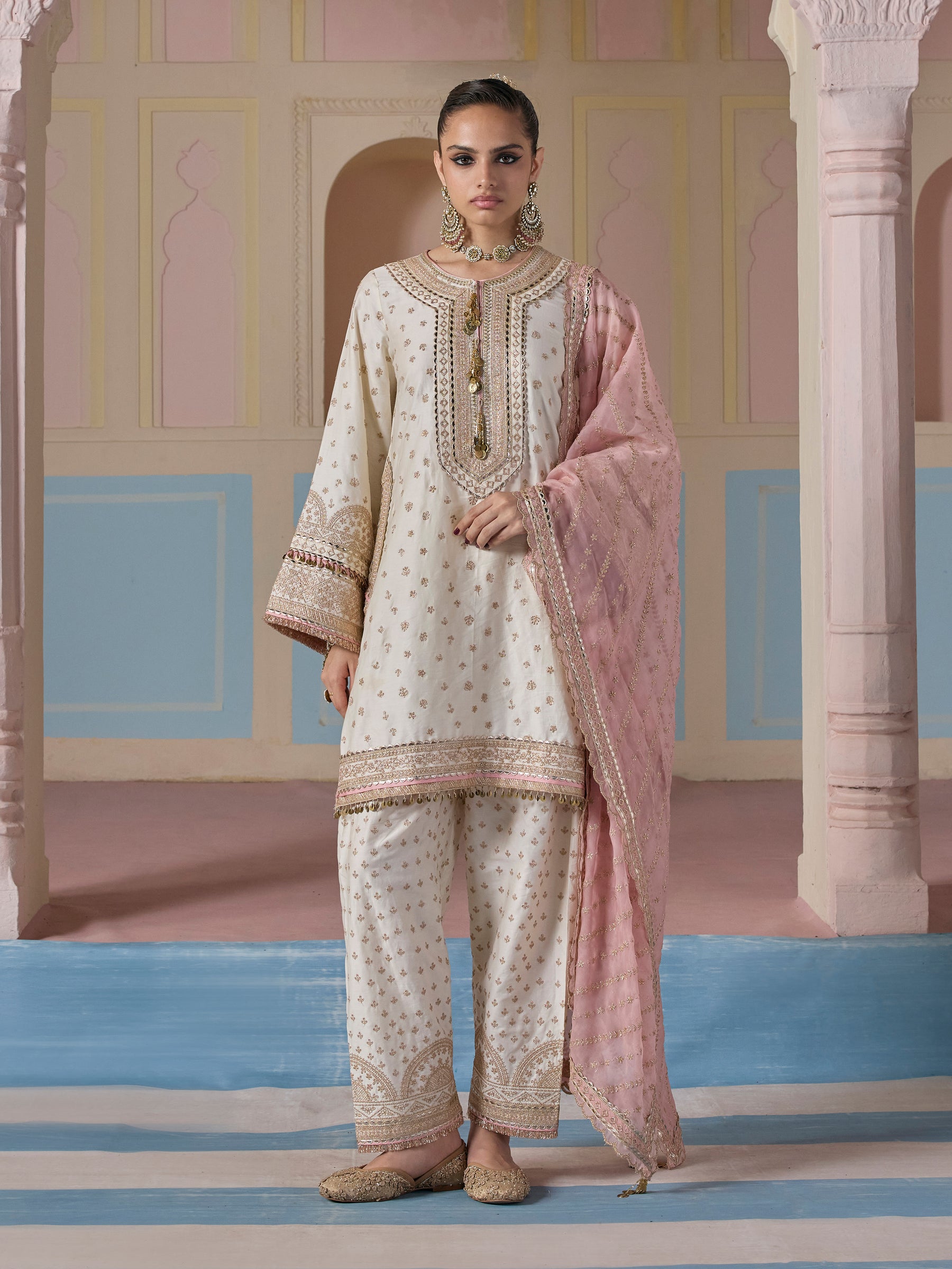Sairi Pima Satin Off White Short Kurta Set