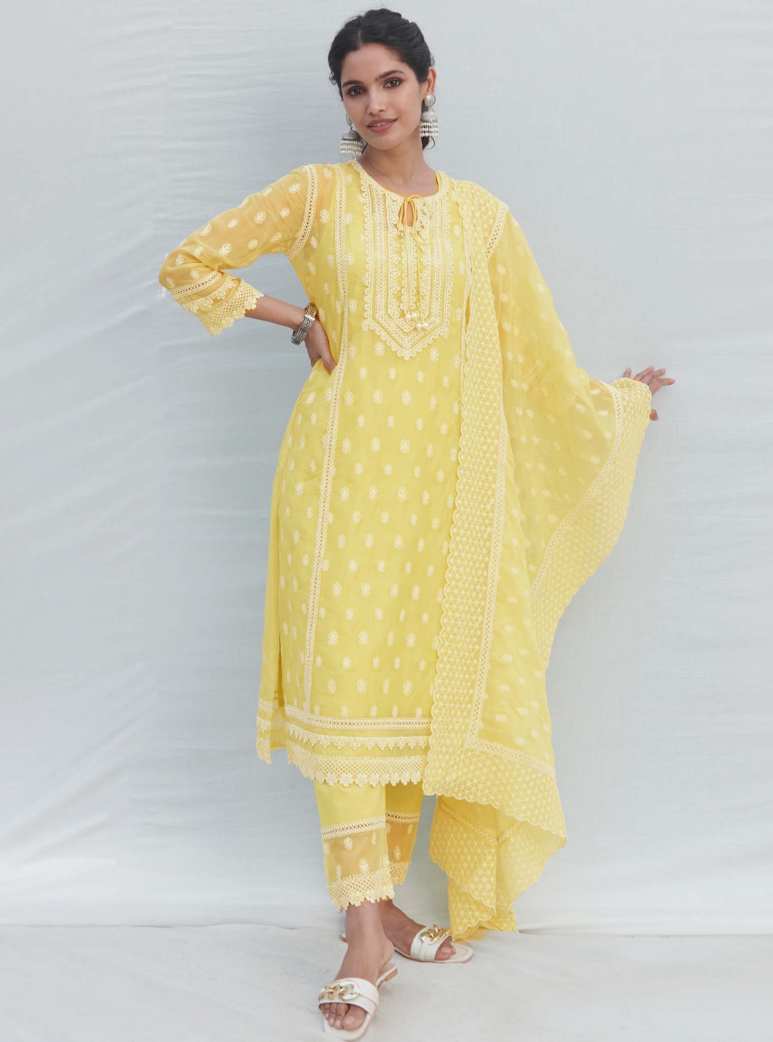 Mulmul Organza Jankia Yellow Kurta With Mulmul Cotton Jankia Yellow pant