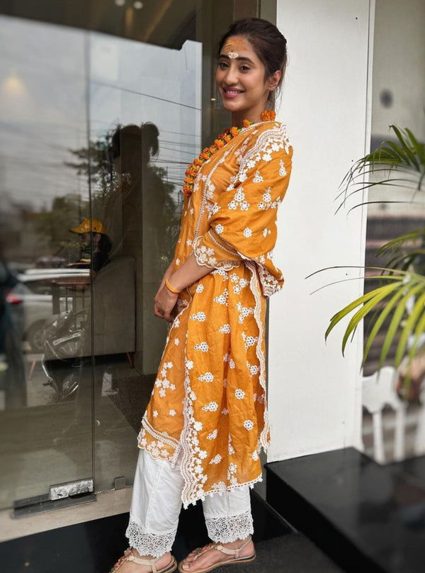 Mulmul Supima Cotton Garden Cress Orange Kurta