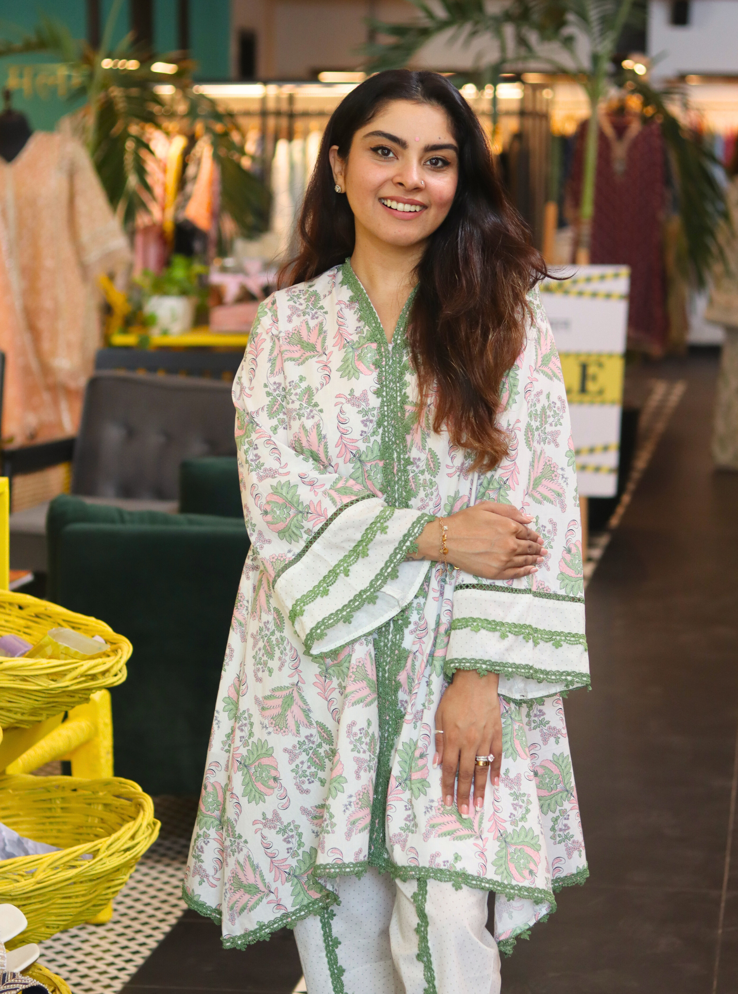 Mulmul Chintz Azura Green Kurta With Mulmul Chintz Azura Green Dhoti