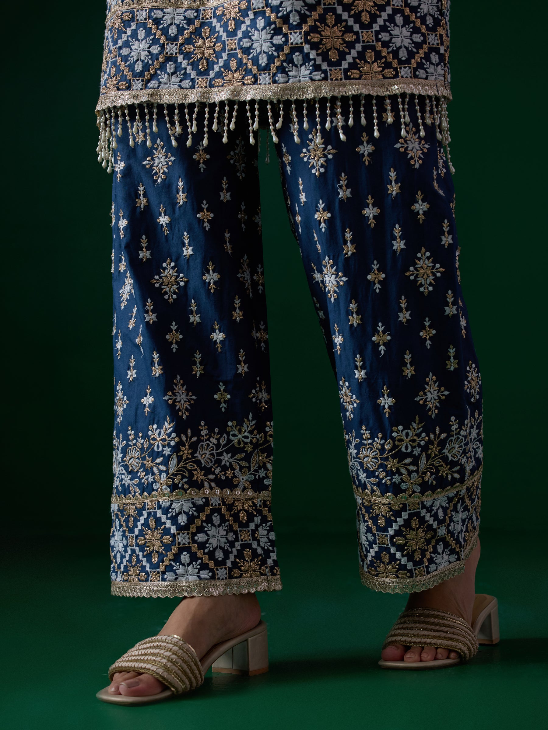 Kalander Pima Satin Navy Kurta Set