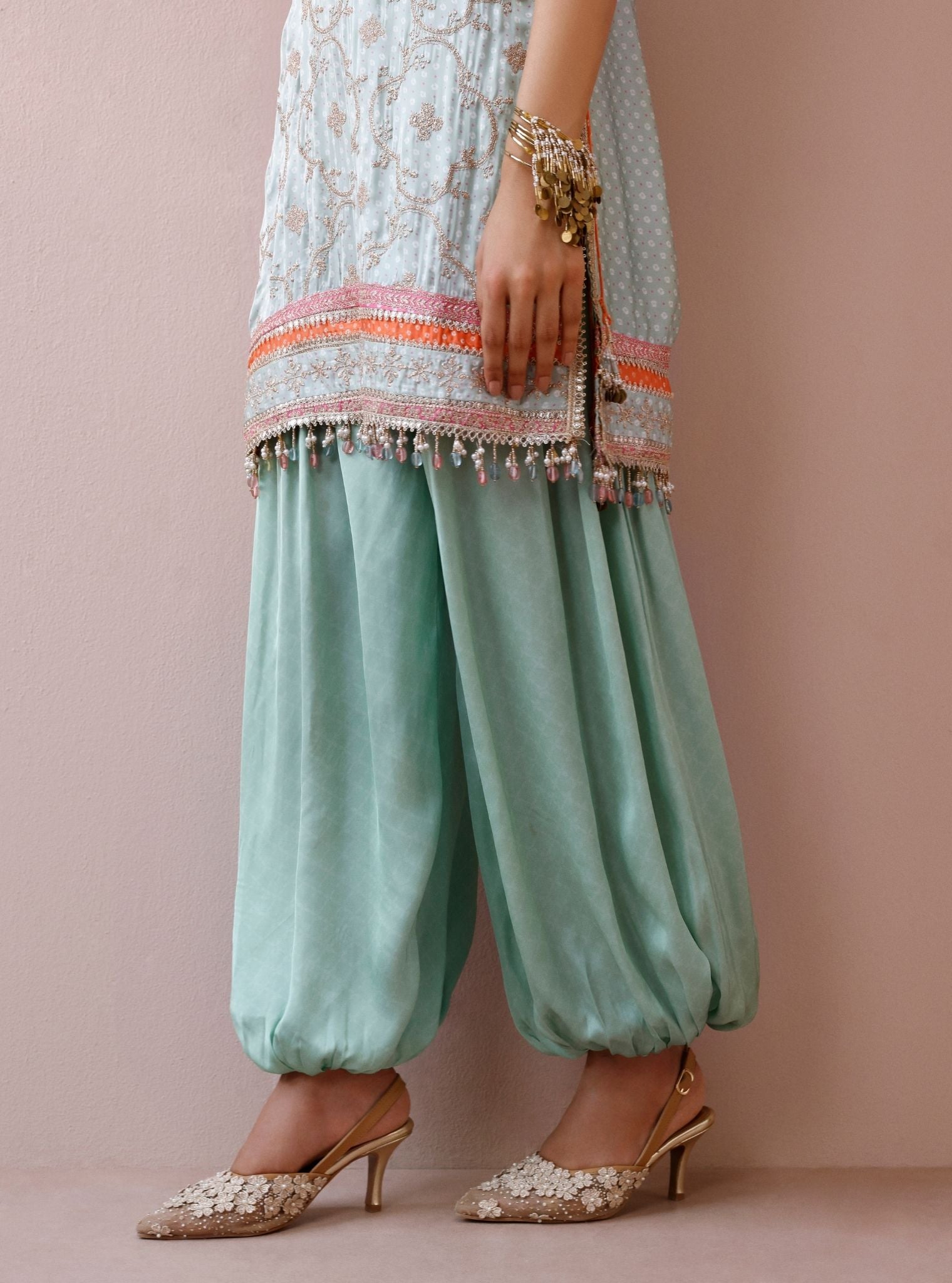 Zeya Cupro Satin Printed Sage Green Kurta Set